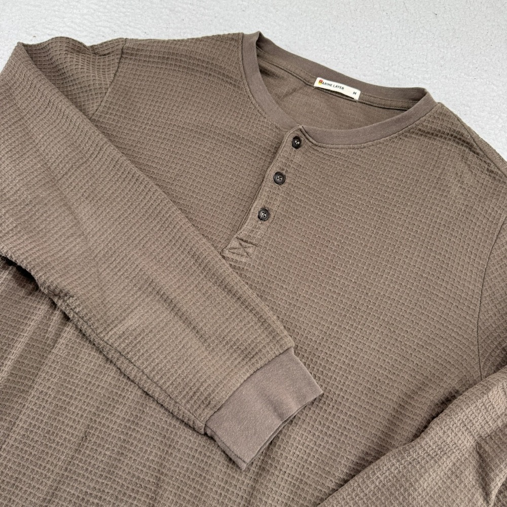 Marine Layer Henley Shirt Mens Medium Brown Waffle Knit Long Sleeve USA Made